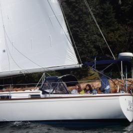 Sailboat with people onboard and an American flag, sailing near a forested coast.