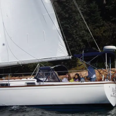 Sailboat with people onboard and an American flag, sailing near a forested coast.