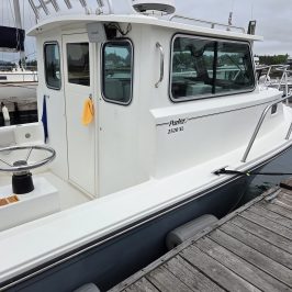 White fishing boat docked at a wooden pier on a cloudy day.